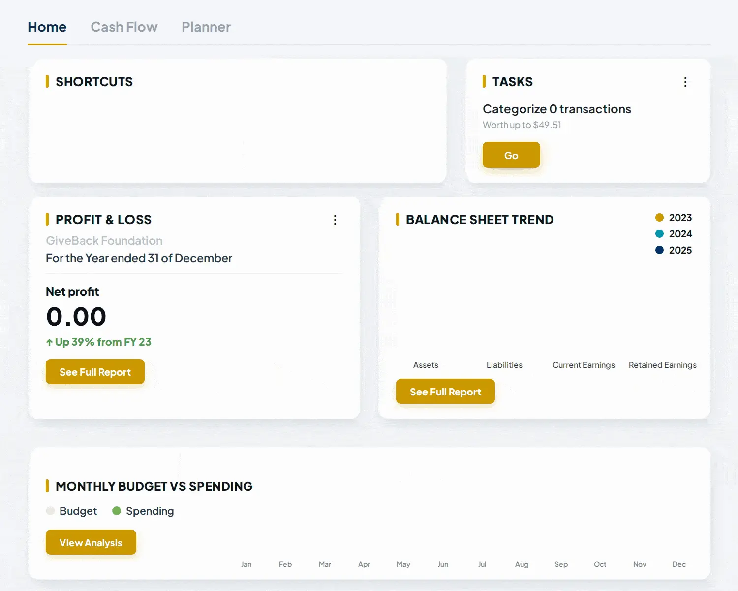 Non-profit bookkeeping dashboard